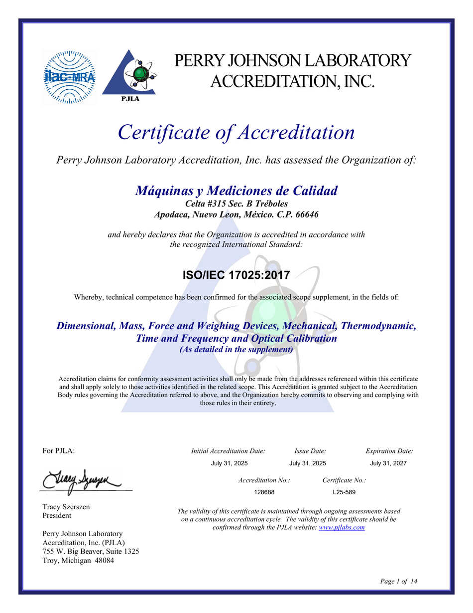 Portada del certificado de acreditación ISO/IEC 17025:2017 L25-589