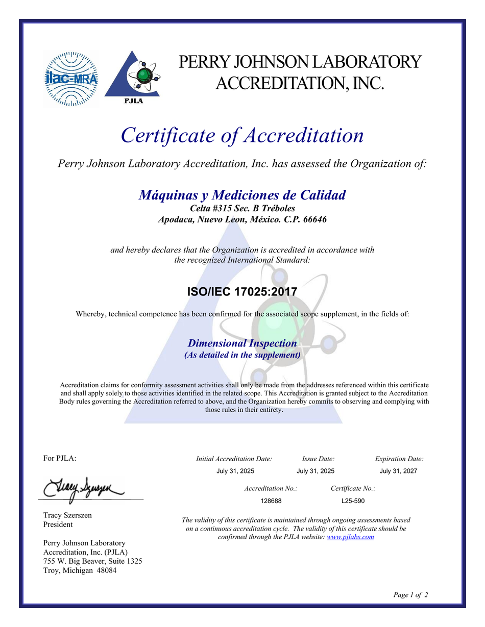 Portada del certificado de acreditación ISO/IEC 17025:2017 L25-590